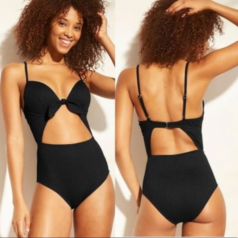 Shade & Shore Ribbed Black One Piece Monokini Swim